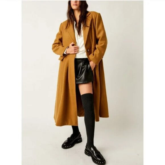 Free People Victoria Coat Wool Blend Camel Trench NWOT Oversized Size Small - Picture 2 of 14
